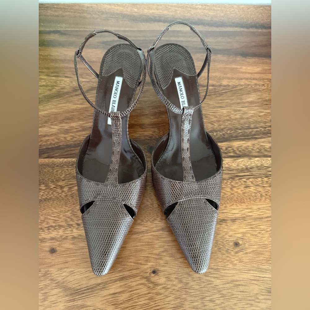 Manolo Blahnik Brown Lizard-y print heels 41.5